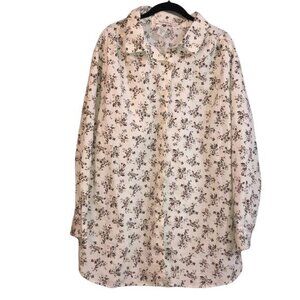 Roamans Womens Floral Button-Down Shirt 1X Long-Sleeve White/Brown